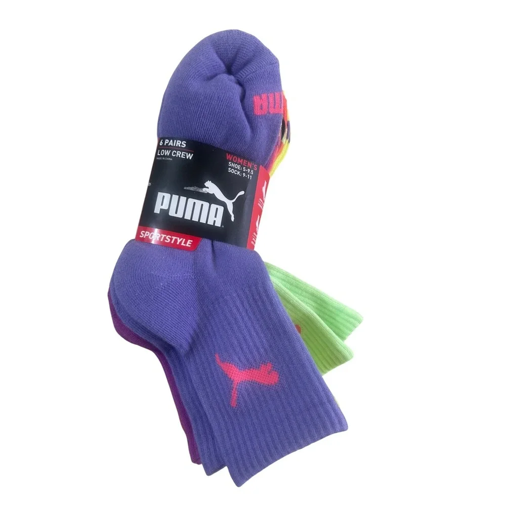 Puma Low Crew Socks Womens 9-11 Multicolor New 6 Pairs Sportstyle Arch Support